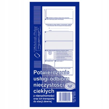 Potwierdzenie usługi odbioru nieczystości ciekłych 1/3 A4 80K druk PAckware