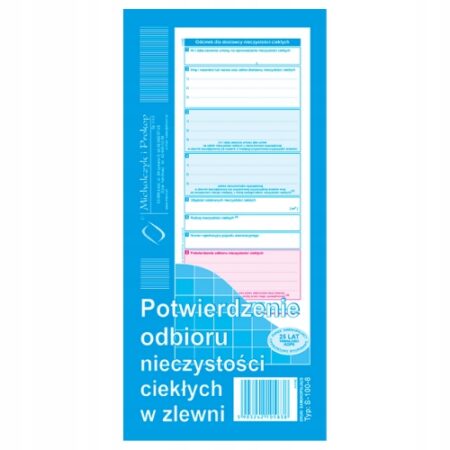 Potwierdzenie odbioru nieczystości ciekłych 1/3 A4 80K druk PAckware